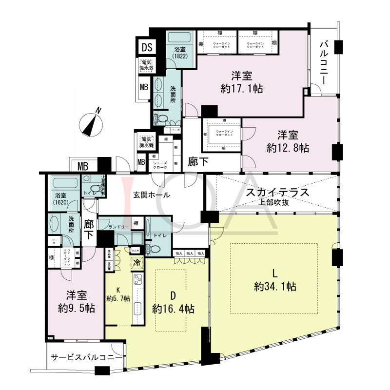 ザ・タワー大阪の間取り図 北東向き 3LDK 専有面積232.92m2
バルコニー面積6.31m2
サービススペース面積10.99m2
スカイテラス面積18.00m2