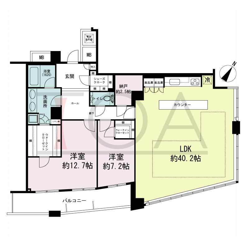 ザ・タワー大阪の間取り図 南東向き 2LDK+N 専有面積139.87m2
バルコニー面積14.45m2