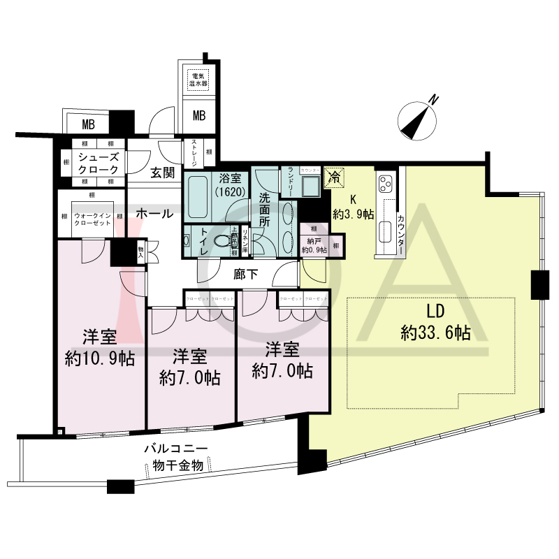 ザ・タワー大阪の間取り図 南東向き 3LDK+N 専有面積139.87m2
バルコニー面積14.45m2