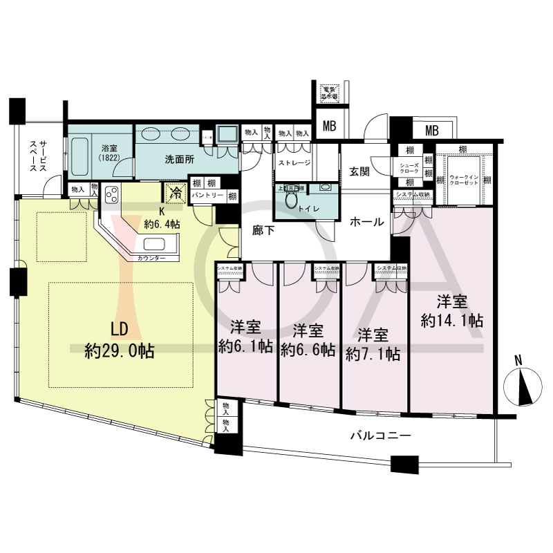 ザ・タワー大阪の間取り図 南向き 4LDK+S 専有面積164.92m2
バルコニー面積14.50m2
サービススペース面積4.32m2