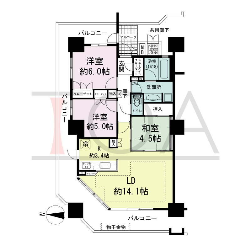 福島ガーデンズタワーの間取り図 東向き角　3LDK　専有面積73.81m2
バルコニー面積32.16m2
アルコーブ面積3.40m2