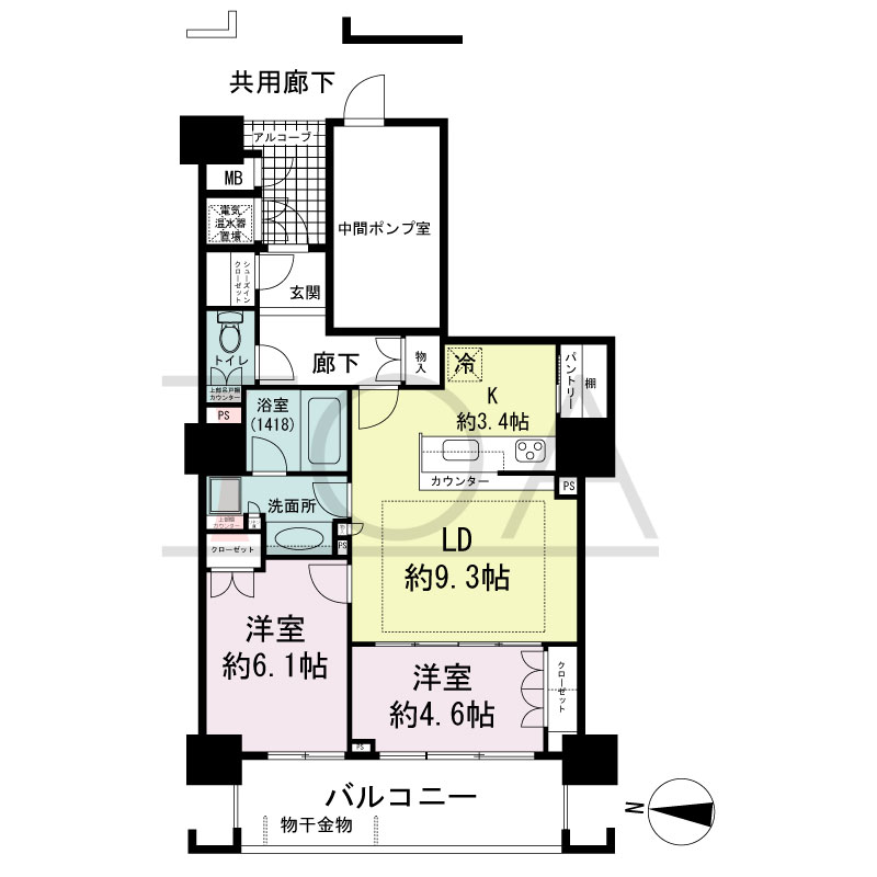 福島ガーデンズタワーの間取り図 西向き　2LDK　専有面積59.88m2
バルコニー面積9.98m2
アルコーブ面積2.27m2