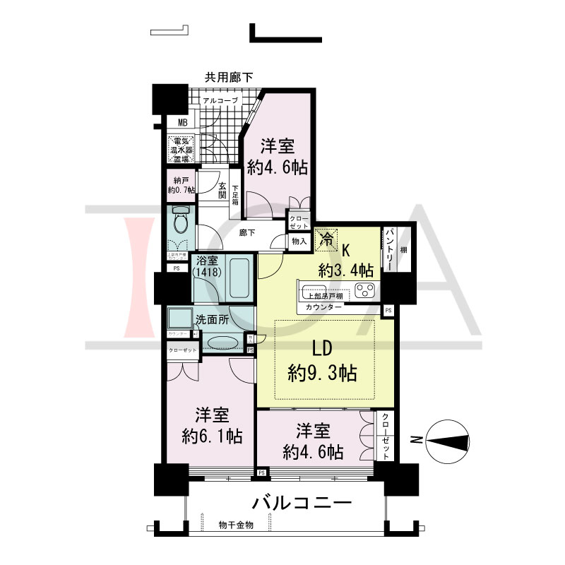 福島ガーデンズタワーの間取り図 西向き　3LDK+N　専有面積67.86m2
バルコニー面積9.98m2
偶数階　バルコニー面積9.37m2
アルコーブ面積3.81m2