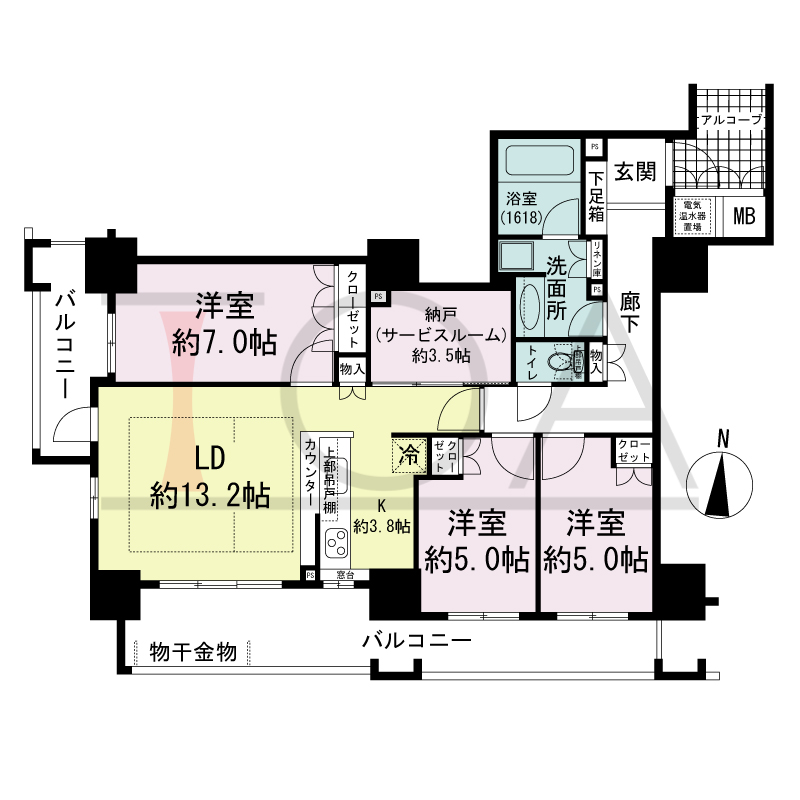 福島ガーデンズタワーの間取り図 南向き　3LDK+DEN　専有面積84.88m2
バルコニー面積20.81m2
偶数階　バルコニー面積19.84m2
アルコーブ面積3.65m2