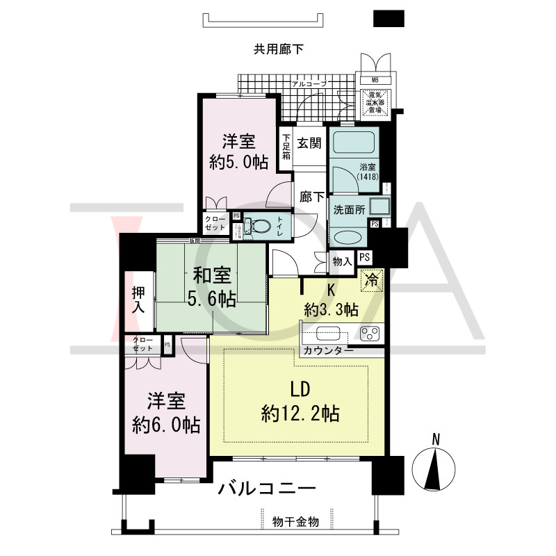 福島ガーデンズタワーの間取り図 南向き　3LDK　専有面積73.39m2
バルコニー面積13.17m2
14階以上バルコニー面積12.53m2
アルコーブ面積3.63m2