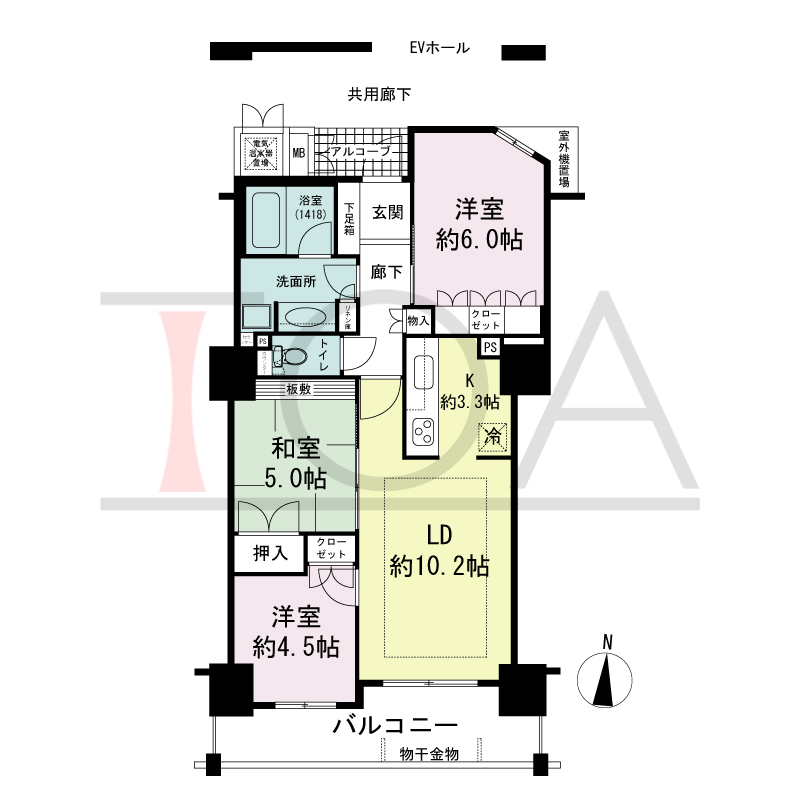福島ガーデンズタワーの間取り図 南向き　3LDK　専有面積67.78m2
バルコニー面積10.43m2
アルコーブ面積2.05m2
室外機置場面積1.34m2