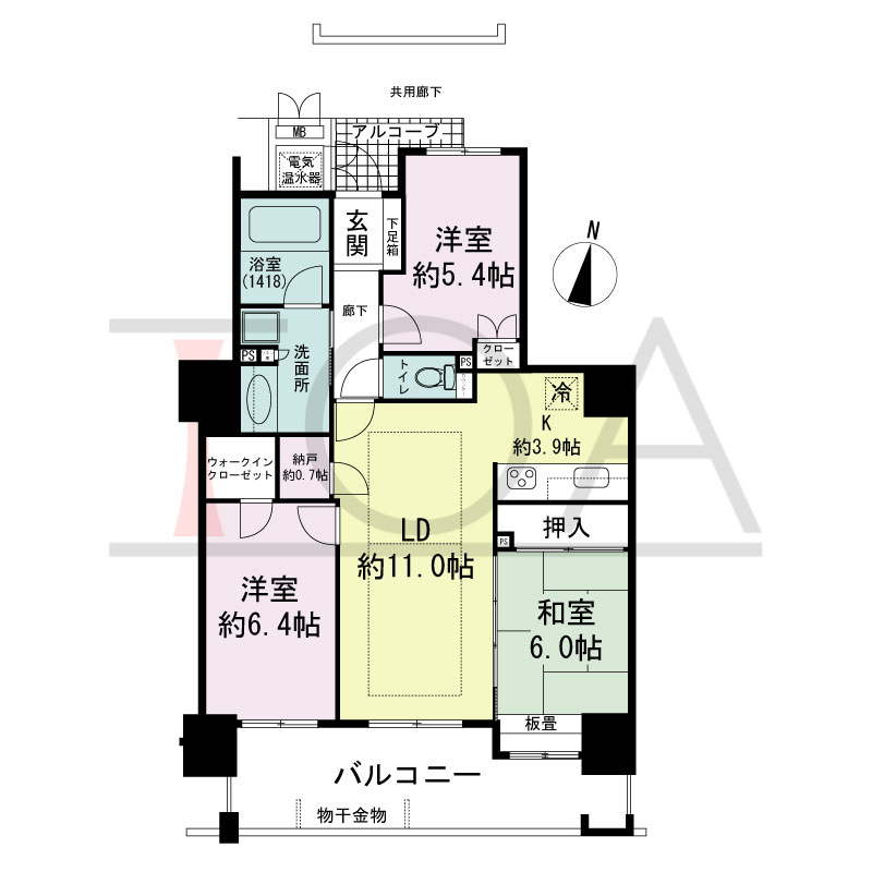 福島ガーデンズタワーの間取り図 南向き　3LDK+DEN　専有面積73.74m2
バルコニー面積13.34m2　
14階以上部分バルコニー面積12.69m2
アルコーブ面積2.39m2