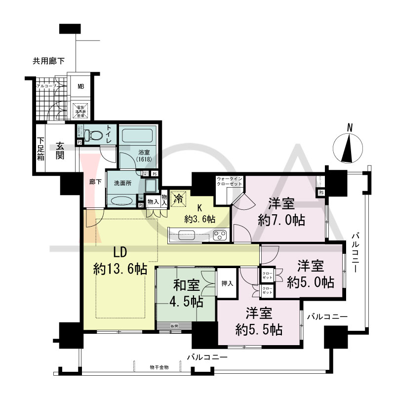 福島ガーデンズタワーの間取り図 南向き　4LDK 専有面積86.72m2
バルコニー面積26.50m2
偶数階部分バルコニー面積24.95m2
アルコーブ面積2.80m2