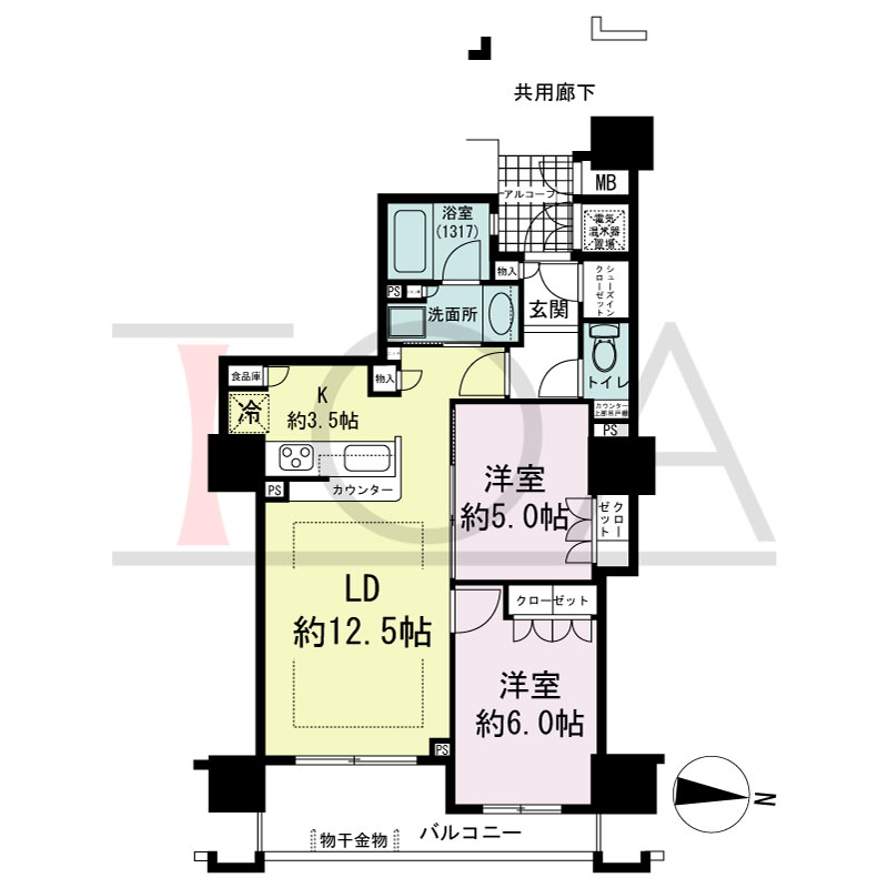 福島ガーデンズタワーの間取り図 東向き　2LDK　専有面積60.65m2
バルコニー面積9.04m2
アルコーブ面積2.53m2