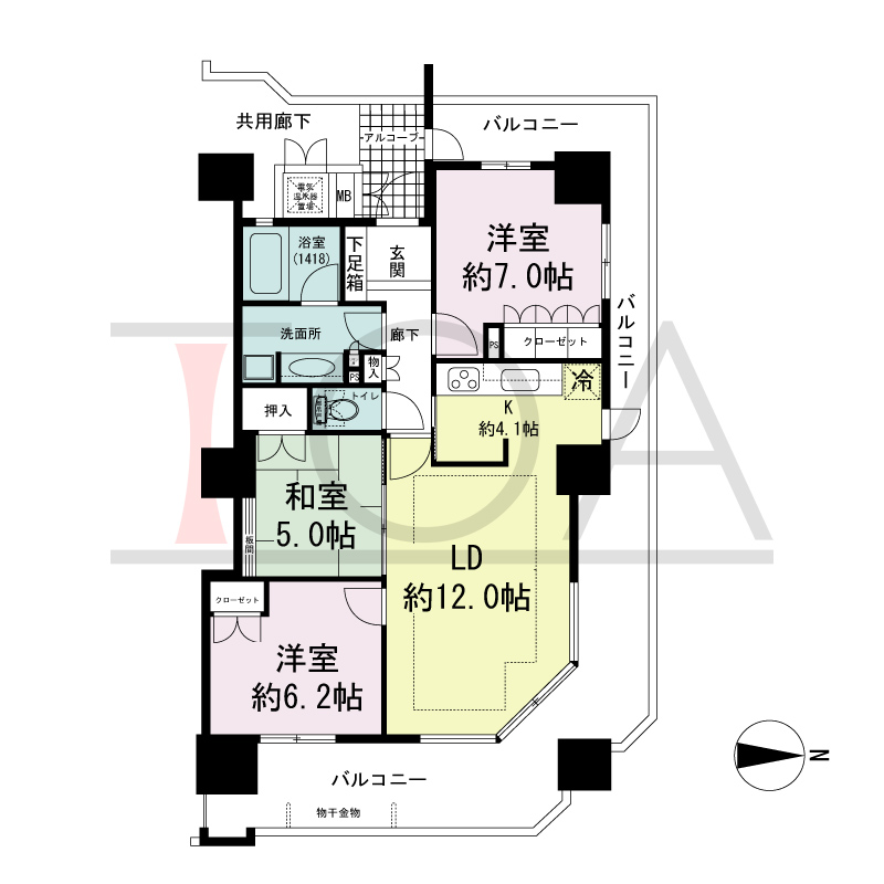 福島ガーデンズタワーの間取り図 北向き角　3LDK 専有面積75.02m2
バルコニー面積32.28m2
アルコーブ面積3.17m2