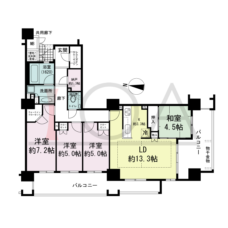 福島ガーデンズタワーの間取り図 南向き　4LDK+N　専有面積93.37m2
バルコニー面積27.97m2　
偶数階部分バルコニー面積26.88m2
アルコーブ面積1.75m2