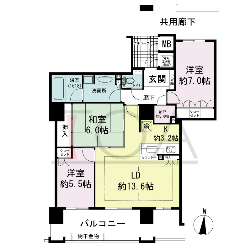福島ガーデンズタワーの間取り図 南向き　3LDK+N　専有面積82.42m2
バルコニー面積16.51m2
偶数階部分バルコニー面積16.03m2
アルコーブ面積3.40m2
室外機置場面積0.60?