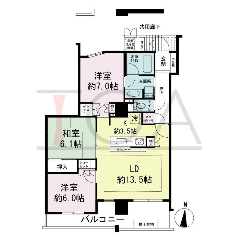福島ガーデンズタワーの間取り図 南向き　3LDK+N　
専有面積80.19m2
バルコニー面積13.02m2
アルコーブ面積2.20m2
室外機置場面積0.60m2