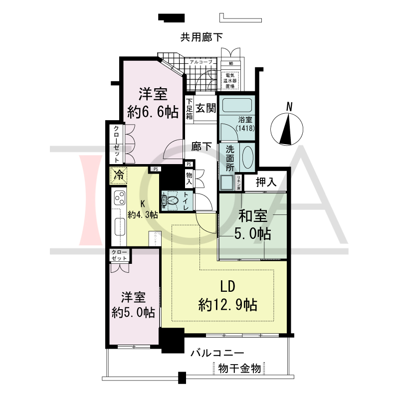 福島ガーデンズタワーの間取り図 南向き　3LDK　専有面積74.97m2
バルコニー面積11.43m2
アルコーブ面積2.37m2