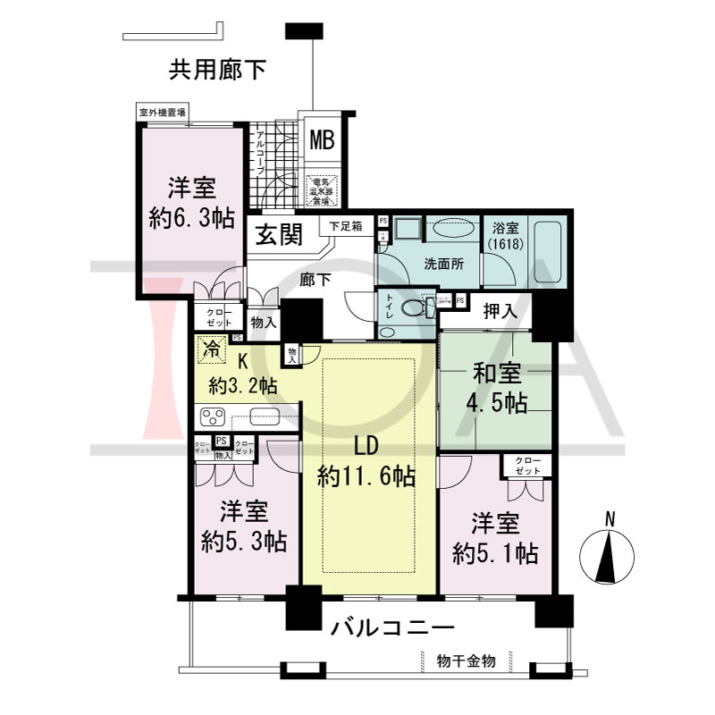 福島ガーデンズタワーの間取り図 南向き　4LDK　専有面積84.11m2
バルコニー面積15.44m2
偶数階部分バルコニー面積14.95m2
アルコープ面積2.50m2
室外機置場面積0.60m2