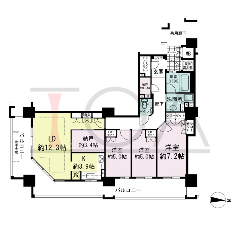 福島ガーデンズタワーの間取り図 東向き　3LDK+DEN+N
専有面積90.93m2
バルコニー面積28.44m2　
偶数階部分バルコニー面積26.77m2
アルコーブ面積2.70m2