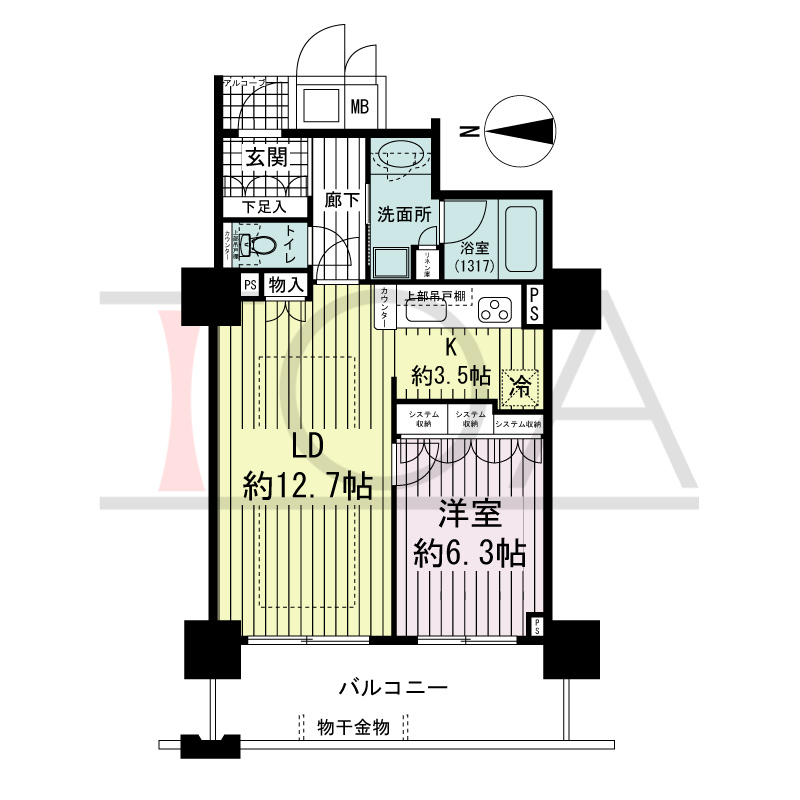 大阪福島タワーの間取り図 西向き 1LDK 専有面積54.13m2
アルコーブ1.19m2
バルコニー面積11.51m2