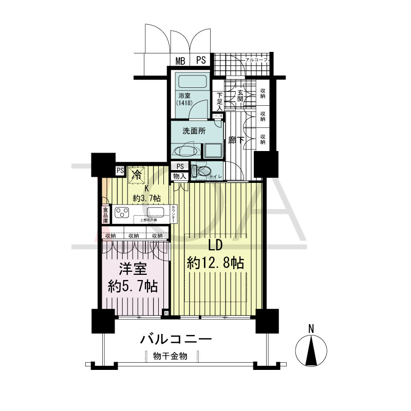 大阪福島タワーの間取り図 南向き 1LDK 専有面積57.61m2
アルコーブ面積2.11m2
バルコニー面積11.88m2