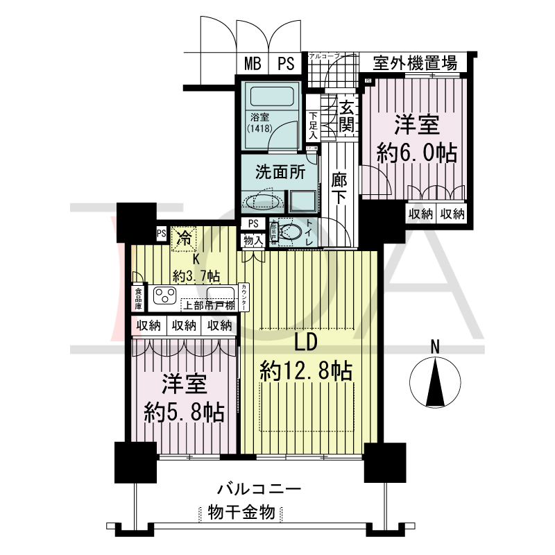大阪福島タワーの間取り図 南向き 2LDK 専有面積66.25m2
アルコーブ面積1.35m2
バルコニー面積11.88m2