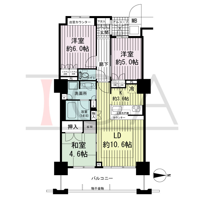 大阪福島タワーの間取り図 東向き 3LDK 専有面積68.00m2
アルコーブ面積2.13m2
バルコニー面積11.52m2