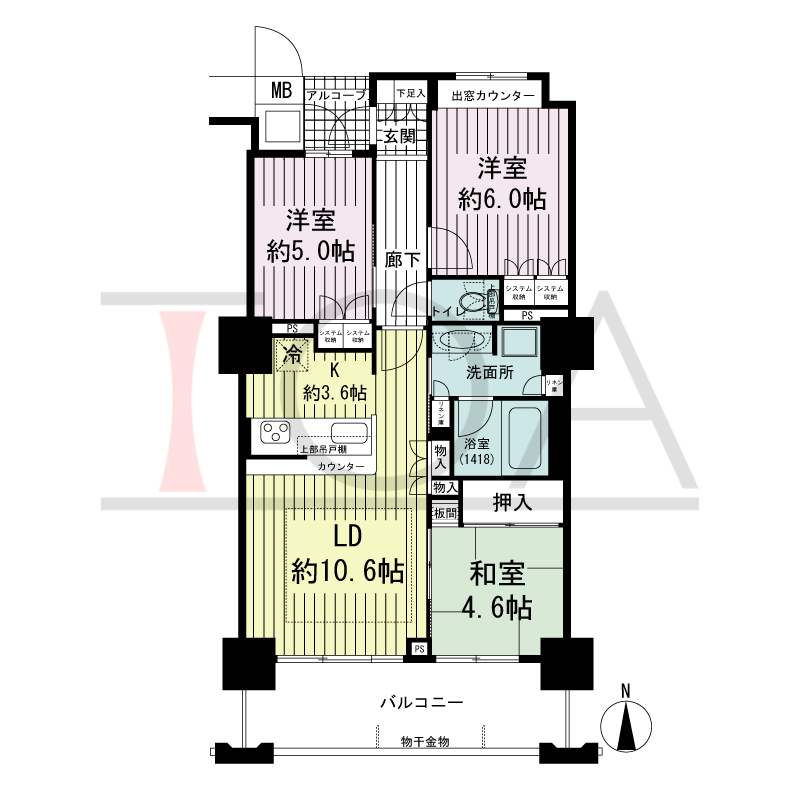 大阪福島タワーの間取り図 南向き 3LDK 専有面積69.49m2
アルコーブ面積2.13m2
バルコニー面積11.52m2