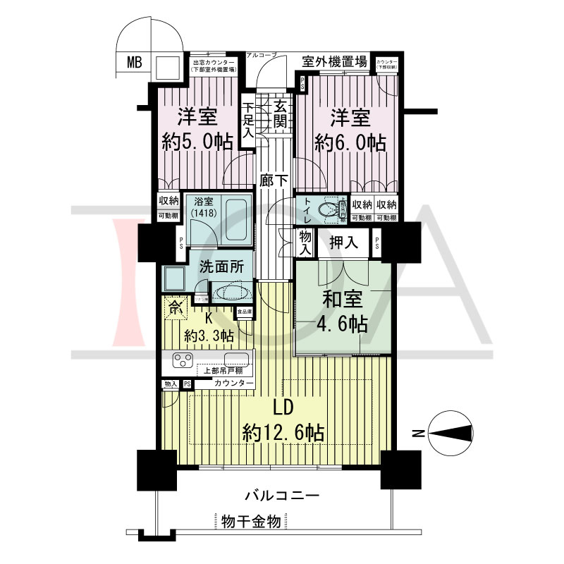 大阪福島タワーの間取り図 東向き 3LDK 73.58m2
アルコーブ面積1.50m2
バルコニー面積11.77m2