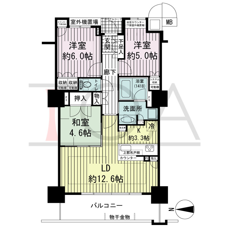 大阪福島タワーの間取り図 西向き 3LDK 専有面積73.58m2
アルコーブ面積1.50m2
バルコニー面積11.77m2