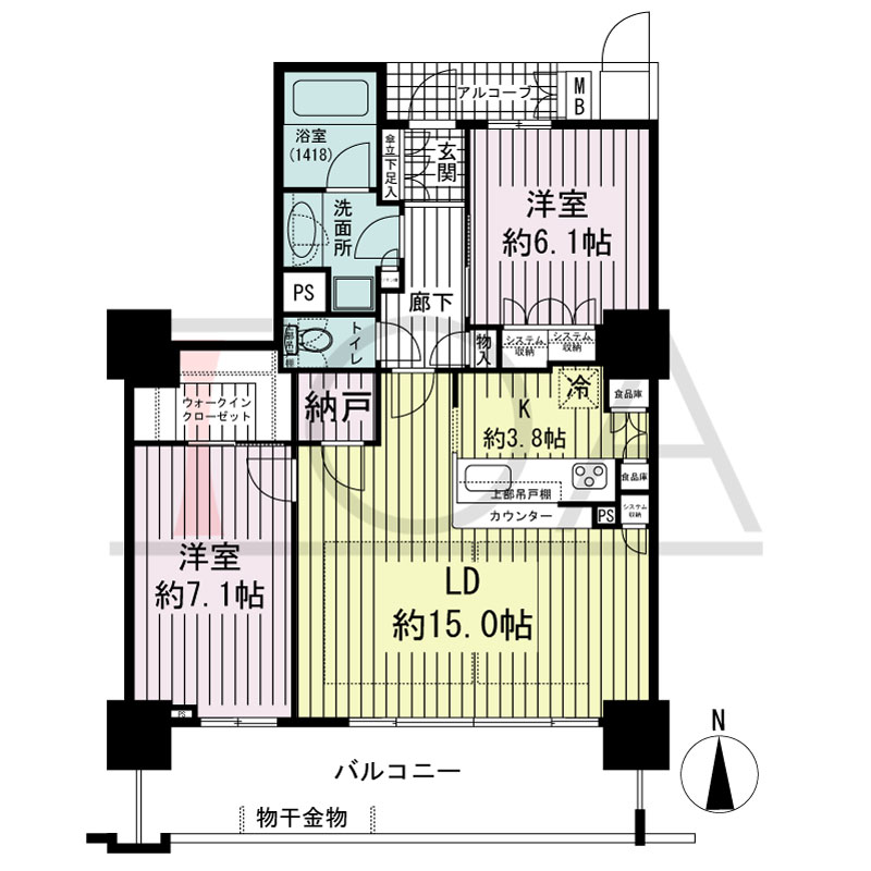 大阪福島タワーの間取り図 南向き 2LDK 専有面積76.03m2
アルコーブ面積2.66m2
バルコニー面積14.58m2