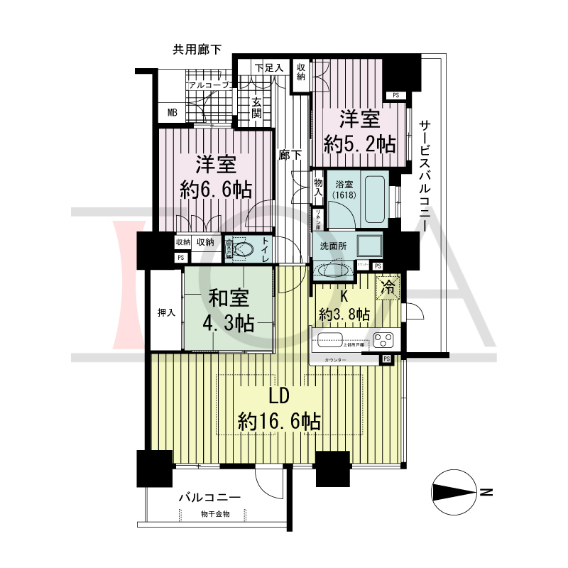 大阪福島タワーの間取り図 東向き角 3LDK 専有面積84.43m2
アルコーブ面積2.30m2
バルコニー面積7.48m2
サービスバルコニー面積9.53m2