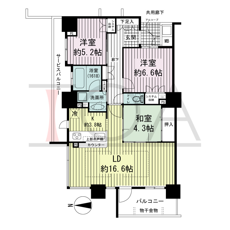 大阪福島タワーの間取り図 西向き角 3LDK 専有面積84.43m2
アルコーブ面積2.30m2
バルコニー面積7.48m2
サービスバルコニー面積9.53m2