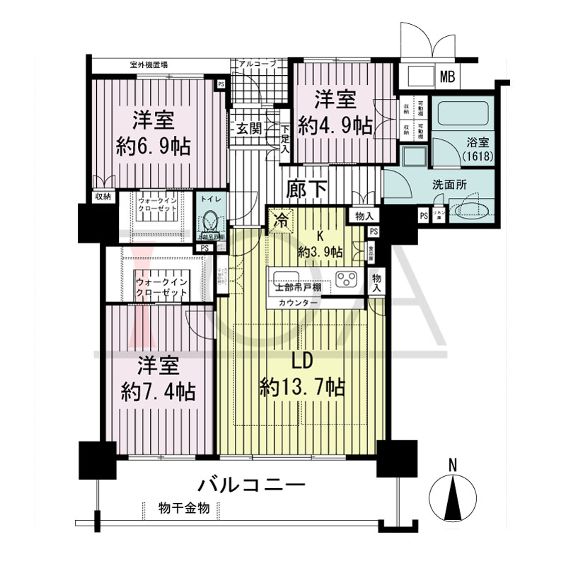 大阪福島タワーの間取り図 南向き 3LDK 専有面積91.51m2
アルコーブ面積2.04m2
バルコニー面積14.58m2
