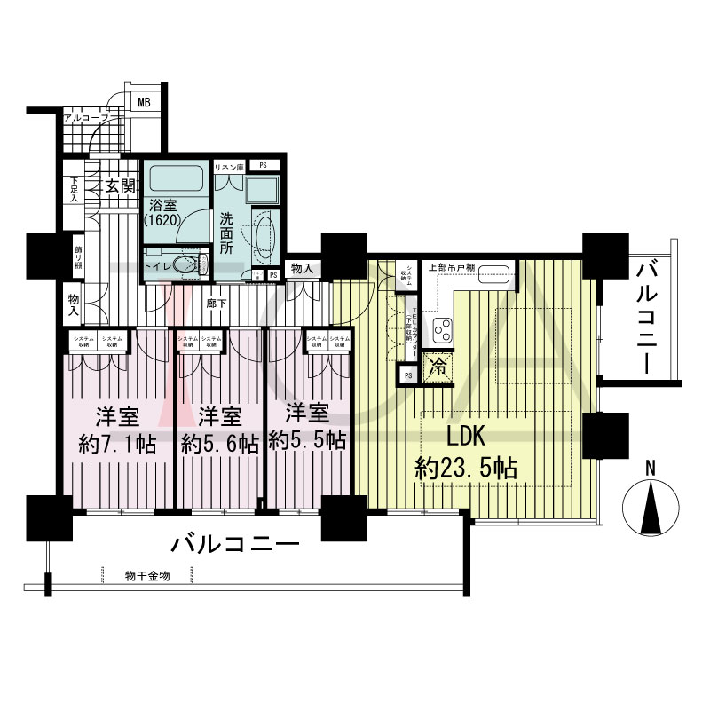 大阪福島タワーの間取り図 南向き 3LDK 専有面積97.41m2
アルコーブ面積1.87m2
バルコニー面積23.94m2