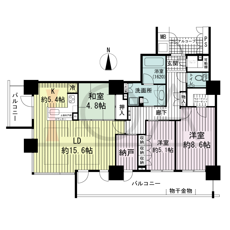 大阪福島タワーの間取り図 南向き 3LDK 専有面積101.85m2
アルコーブ面積3.09m2
バルコニー面積23.94m2