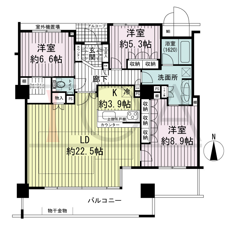 大阪福島タワーの間取り図 南向き 3LDK 専有面積108.24m2
アルコーブ面積2.40m2
バルコニー面積23.84m2