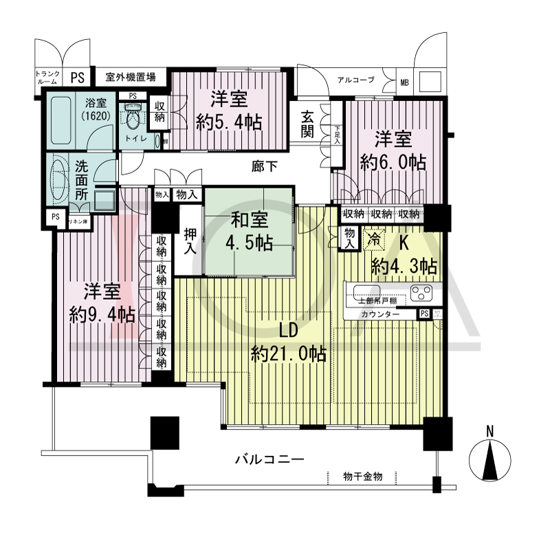 大阪福島タワーの間取り図 南向き 4LDK 専有面積114.27m2
アルコーブ面積2.83m2
バルコニー面積23.84m2