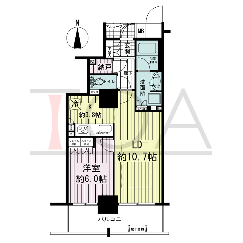 大阪福島タワーの間取り図 南向き 1LDK 専有面積50.9m2
アルコーブ面積1.79m2
バルコニー面積10.17m2