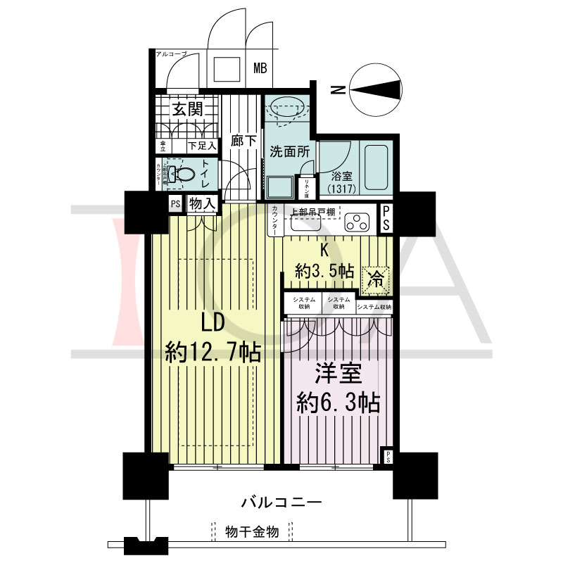 大阪福島タワーの間取り図 西向き 1LDK 専有面積54.13m2
アルコーブ面積1.19m2
バルコニー面積11.51m2