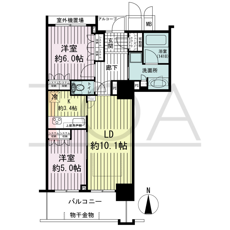 大阪福島タワーの間取り図 南向き 2LDK 専有面積61.52m2
アルコーブ面積1.74m2
バルコニー面積8.73m2