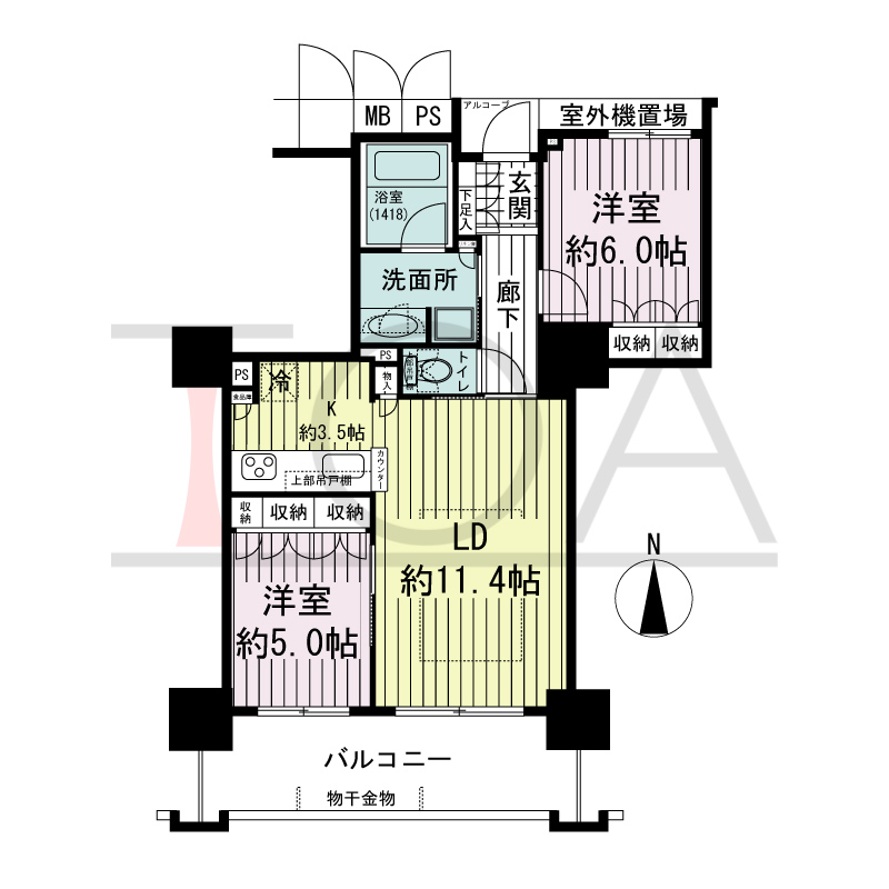 大阪福島タワーの間取り図 南向き 2LDK 専有面積61.49m2
アルコーブ面積1.35m2
バルコニー面積11.88m2