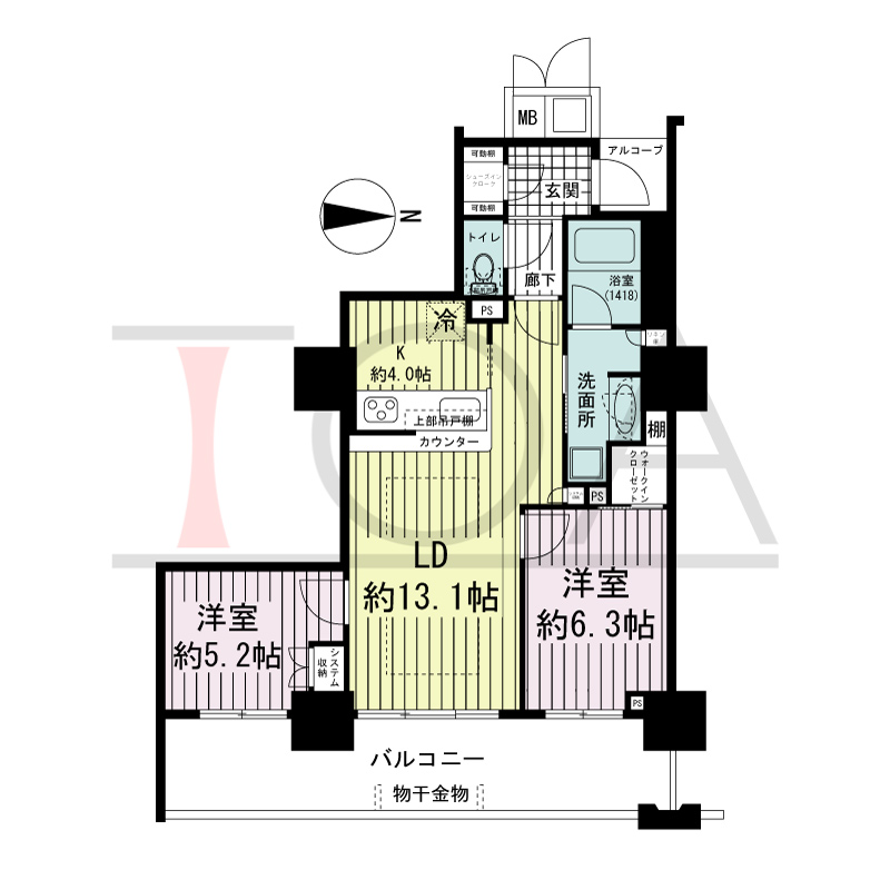 大阪福島タワーの間取り図 東向き 2LDK 専有面積66.23m2
アルコーブ面積2.03m2
バルコニー面積17.10m2