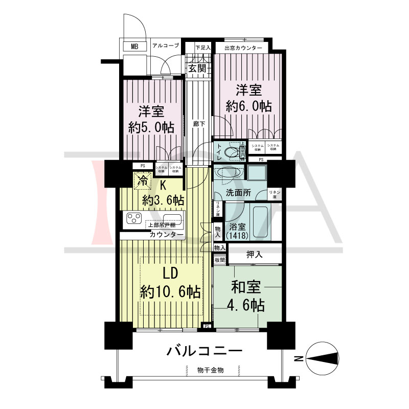 大阪福島タワーの間取り図 西向き 3LDK 専有面積69.49m2
アルコーブ面積2.13m2
バルコニー面積11.52m2