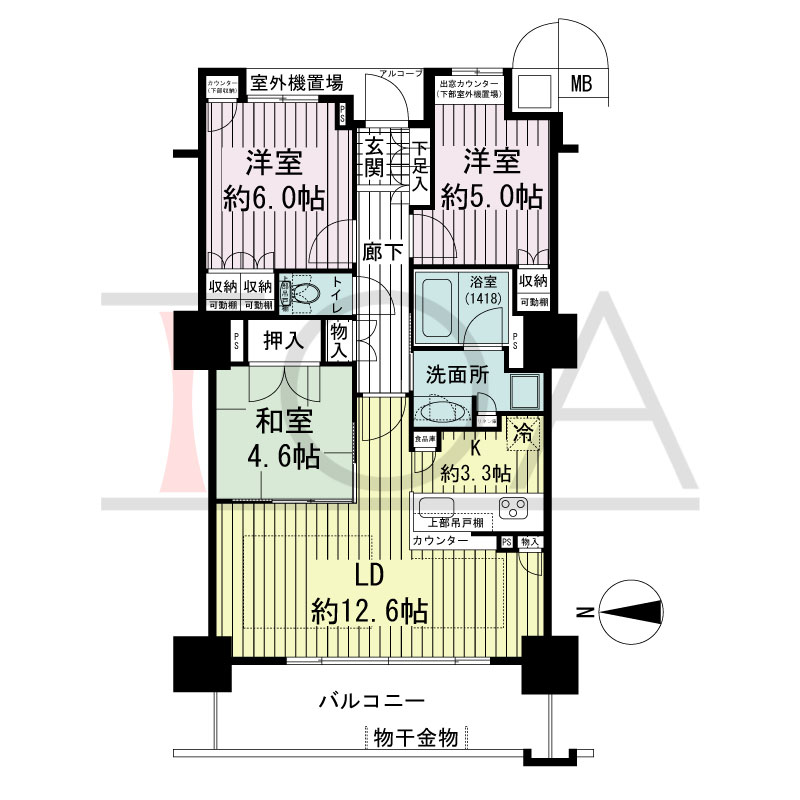 大阪福島タワーの間取り図 西向き 3LDK 専有面積73.58m2
アルコーブ面積1.50m2
バルコニー面積11.77m2