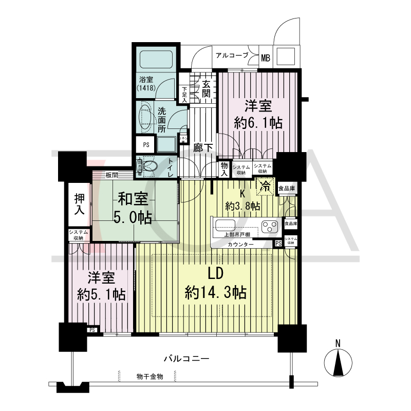 大阪福島タワーの間取り図 南向き 3LDK 専有面積76.95m2
アルコーブ面積2.66m2
バルコニー面積14.58m2