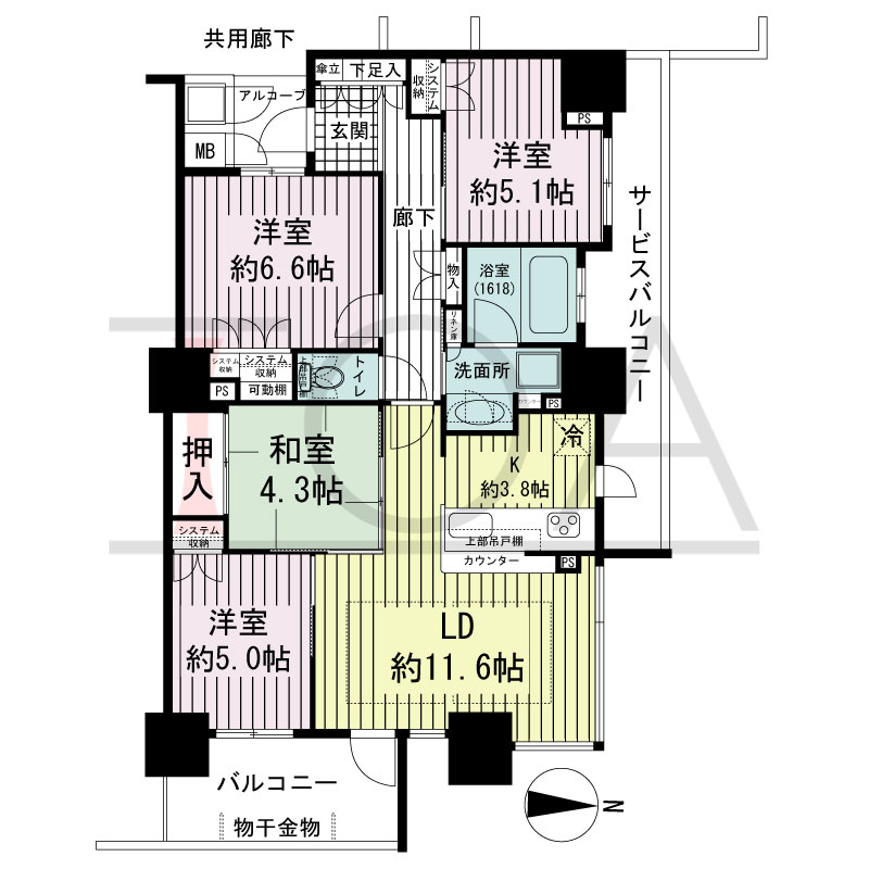 大阪福島タワーの間取り図 東向き角 4LDK 専有面積84.43m2
アルコーブ面積2.30m2
バルコニー面積7.48m2
サービスバルコニー面積9.53m2