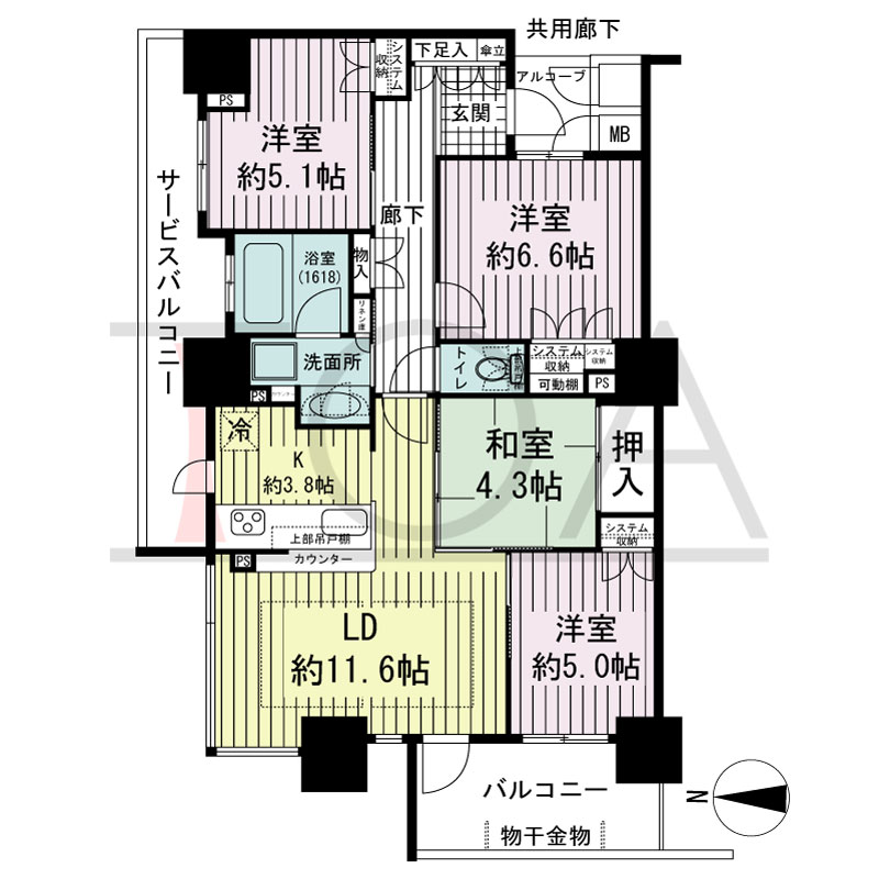 大阪福島タワーの間取り図 西向き角 4LDK 専有面積84.43m2
アルコーブ面積2.30m2
バルコニー面積7.48m2
サービスバルコニー面積9.53m2