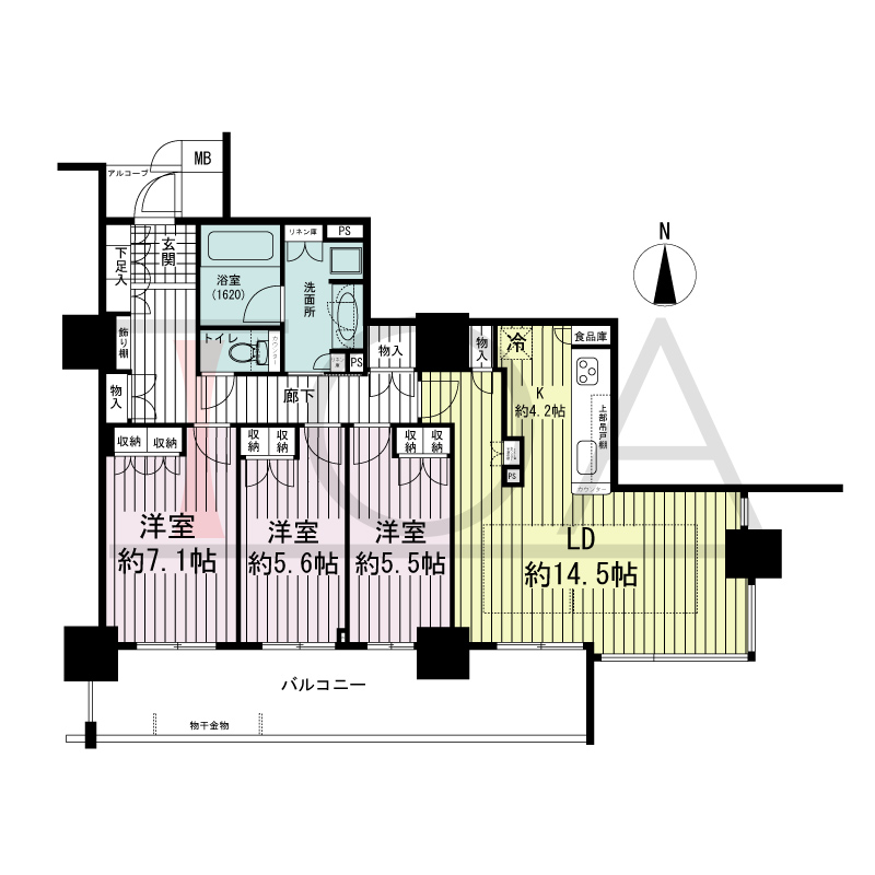 大阪福島タワーの間取り図 南向き 3LDK 専有面積90.54m2
アルコーブ面積1.87m2
バルコニー面積18.36m2