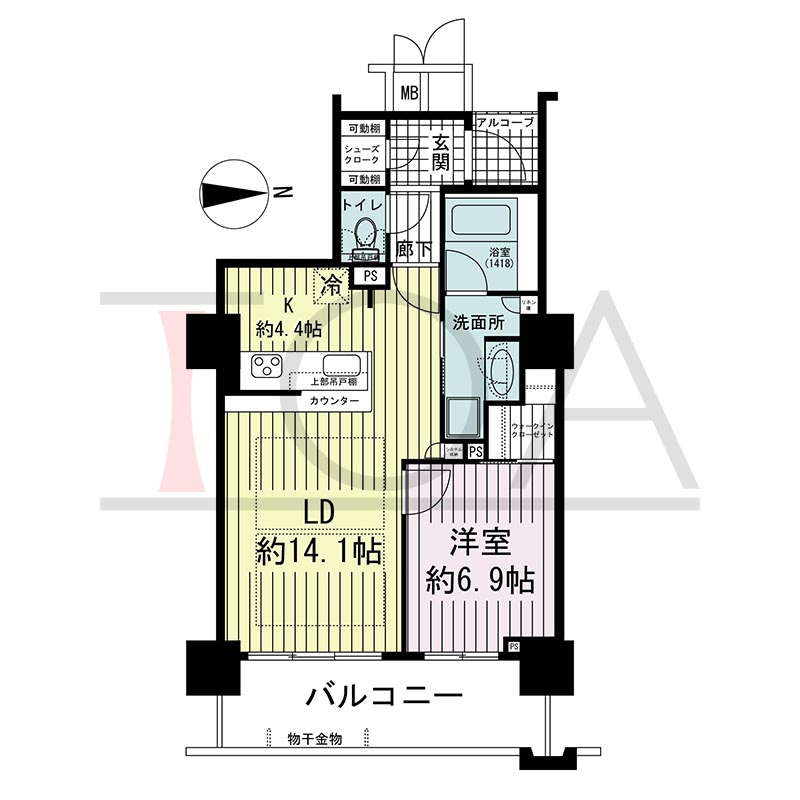 大阪福島タワーの間取り図 東向き 1LDK 専有面積60.85m2
アルコーブ面積2.03m2
バルコニー面積11.51m2