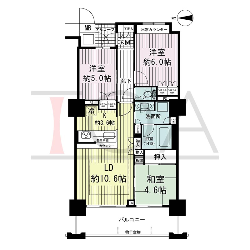 大阪福島タワーの間取り図 西向き 3LDK 専有面積69.49m2
アルコーブ面積2.13m2
バルコニー面積11.52m2