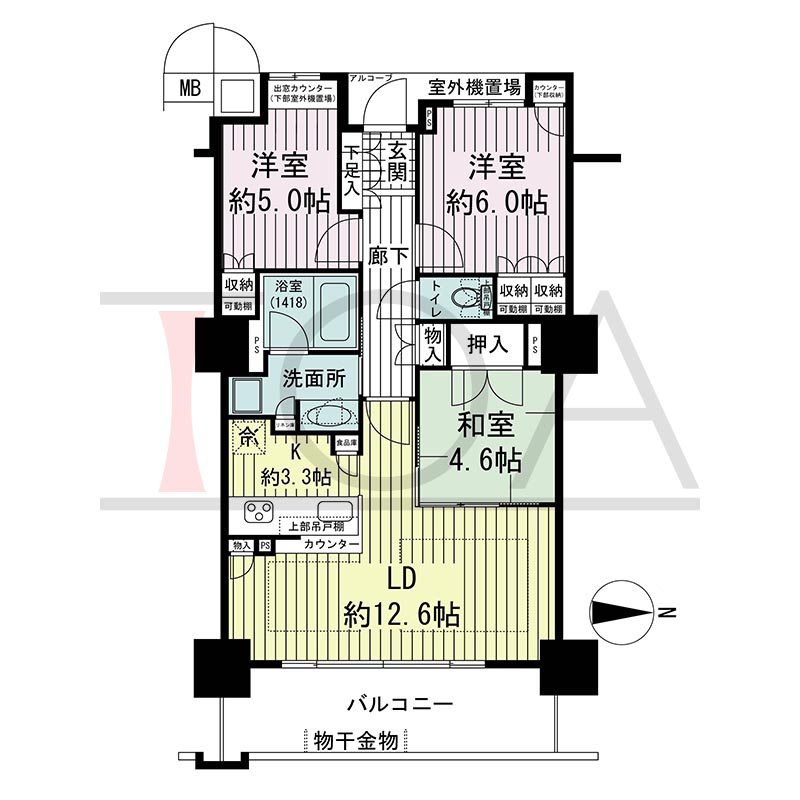 大阪福島タワーの間取り図 東向き 3LDK 73.58m2
アルコーブ面積1.50m2
バルコニー面積11.77m2