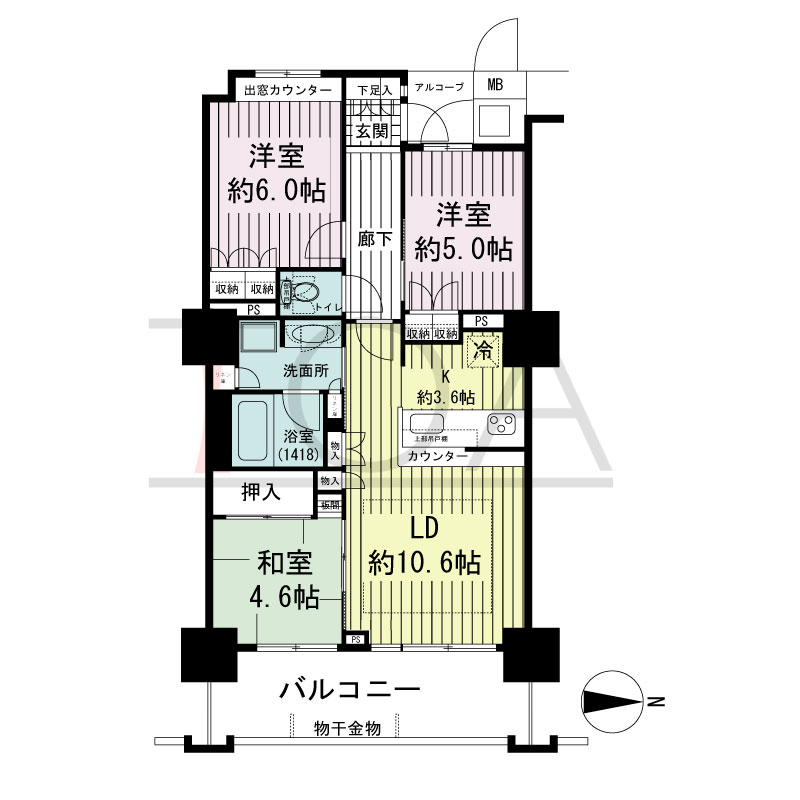 大阪福島タワーの間取り図 東向き 3LDK 専有面積69.49m2
アルコーブ面積2.13m2
バルコニー面積11.52m2
